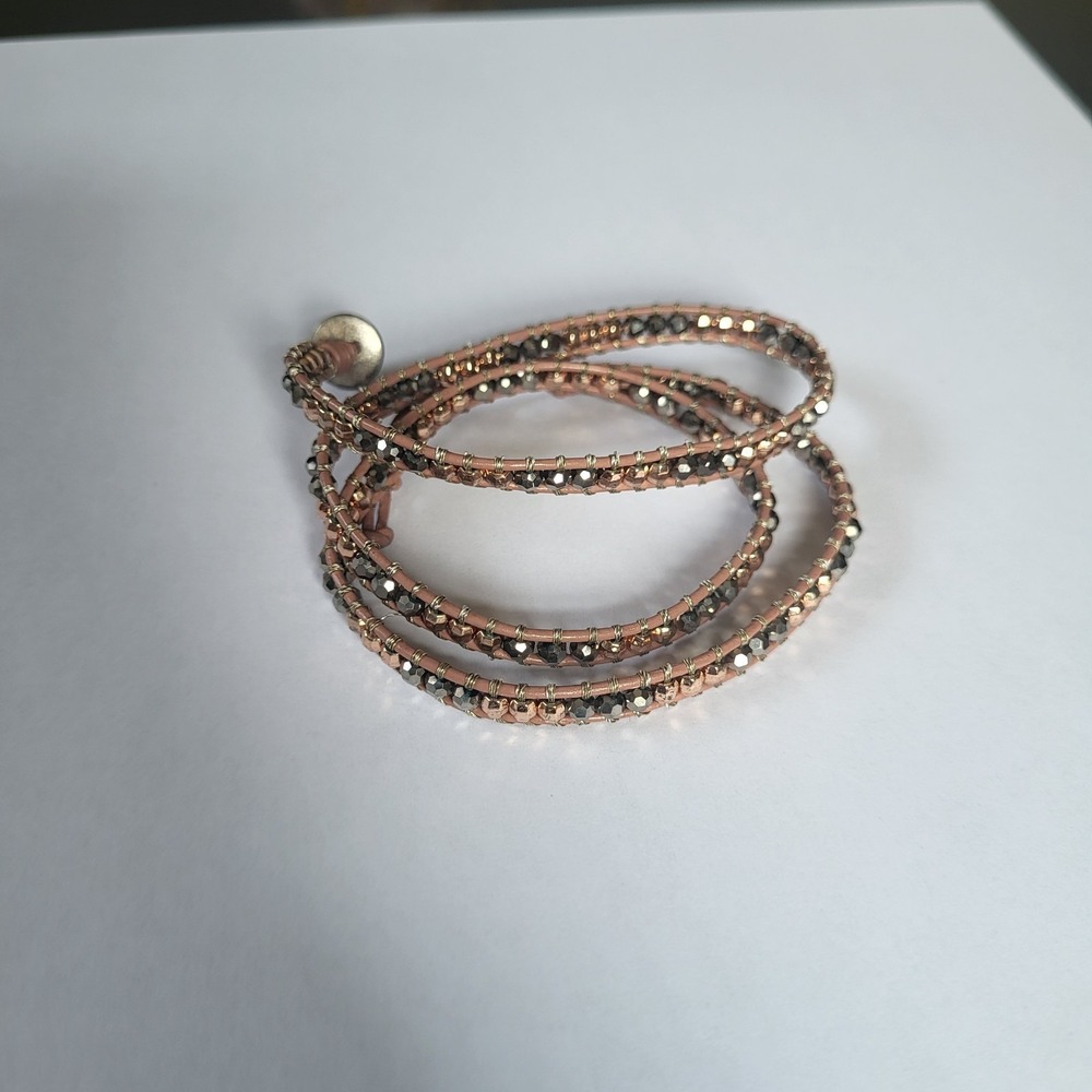 21" stella & dot faux leather wrap bracelet taupe gray copper tones boho‎ hippie